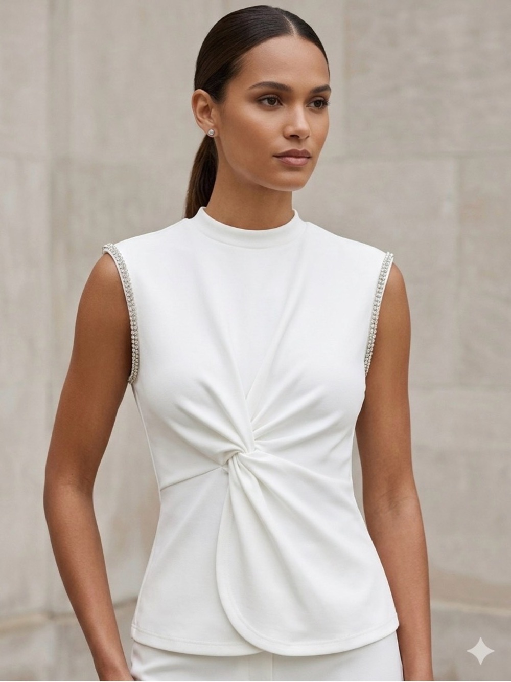 NWT White Sleeveless Knotted Front Twist Beaded Rhinestones Evening Blouse Small
